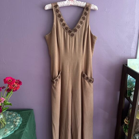 Vintage Wild Rose Warm Brown Wide-Leg Rayon Jumpsuit Boho Chic Coastal Cowgirl - Picture 5 of 9